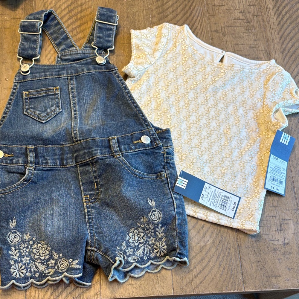 Charming Denim Overall Set with White Floral Top